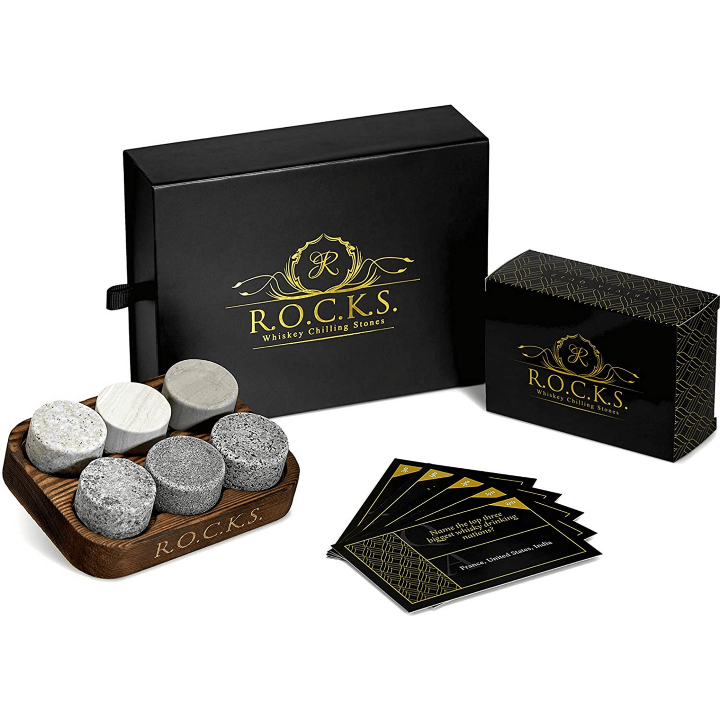 R.O.C.K.S Whiskey Chilling Stones & Whiskey Quiz Gift Set - 100 Q&A