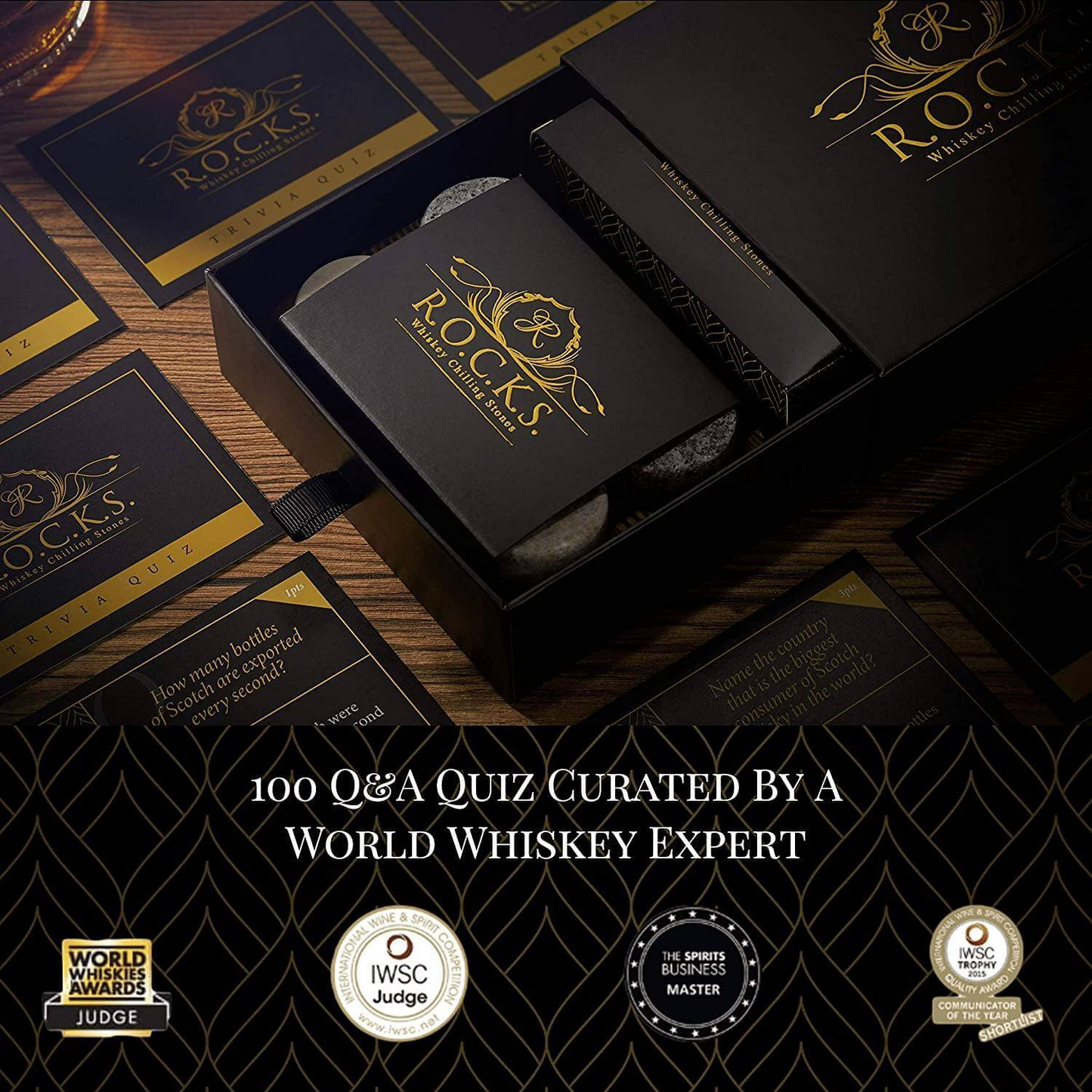 R.O.C.K.S Whiskey Chilling Stones & Whiskey Quiz Gift Set - 100 Q&A