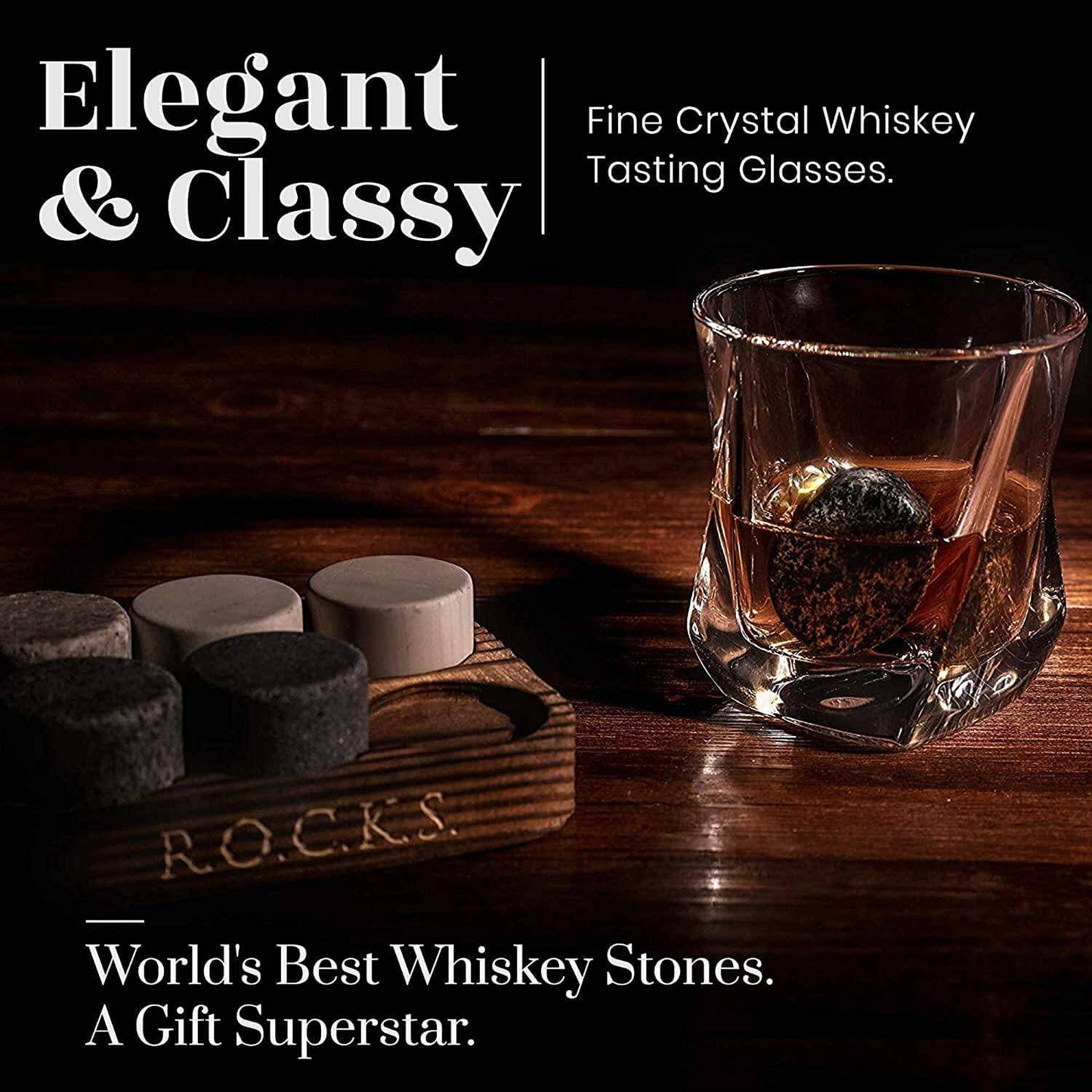 R.O.C.K.S Whiskey Chilling Stones Gift Set With 2 Twist Crystal Glasses