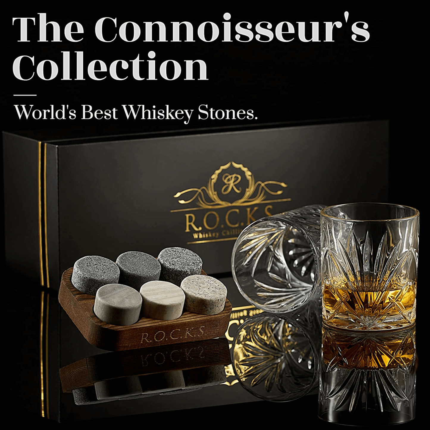 R.O.C.K.S Whiskey Chilling Stones Gift Set With 2 Palm Crystal Glasses