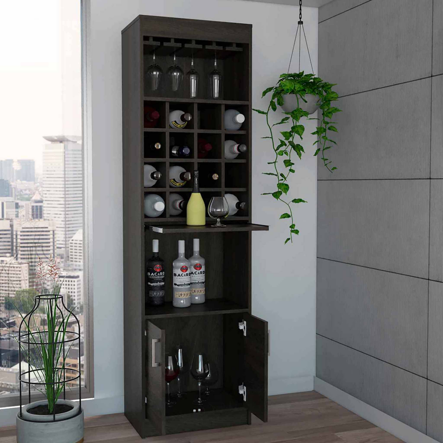 Soria Bar Double Door Cabinet, Sixteen Wine Cubbies, One Extendible Shelf, One Shelf