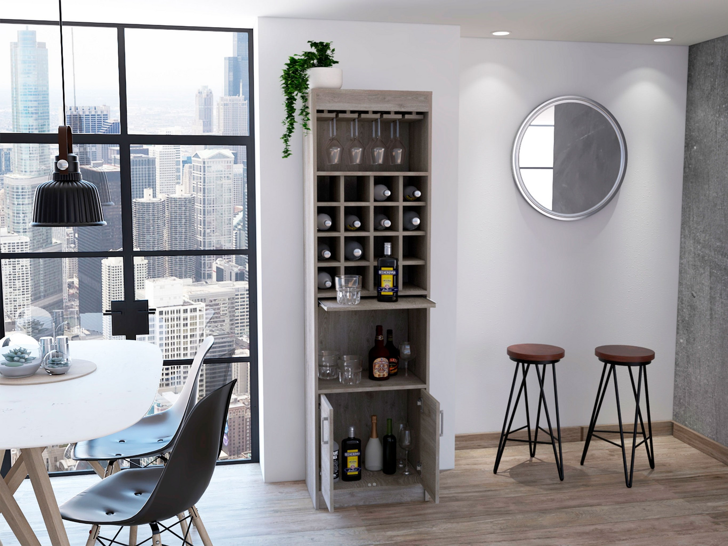 Soria Bar Double Door Cabinet, Sixteen Wine Cubbies, One Extendible Shelf, One Shelf