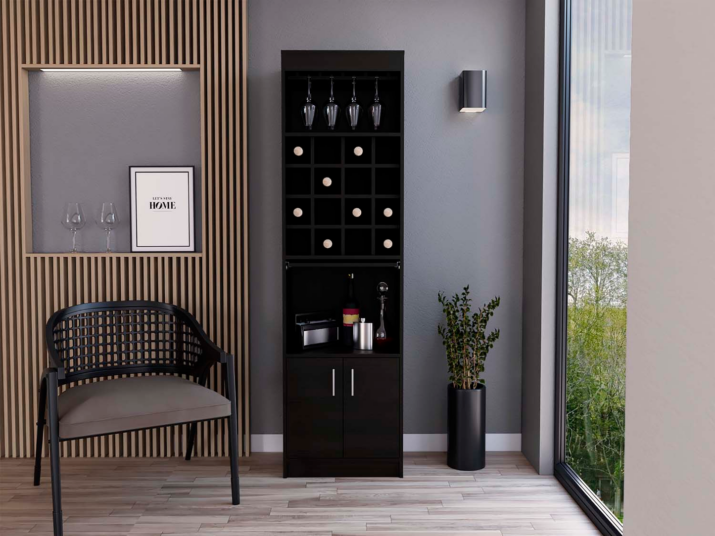 Soria Bar Double Door Cabinet, Sixteen Wine Cubbies, One Extendible Shelf, One Shelf