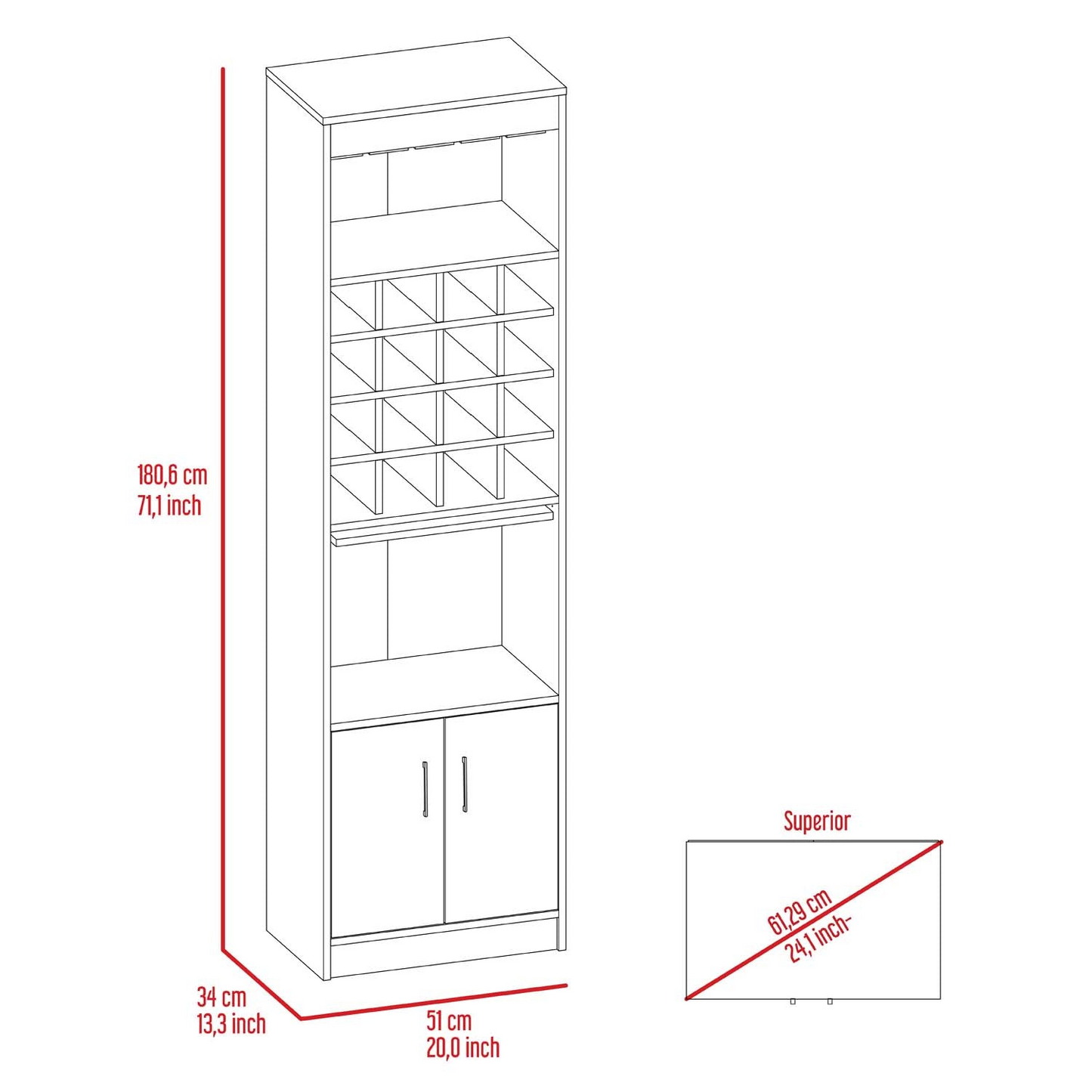 Soria Bar Double Door Cabinet, Sixteen Wine Cubbies, One Extendible Shelf, One Shelf