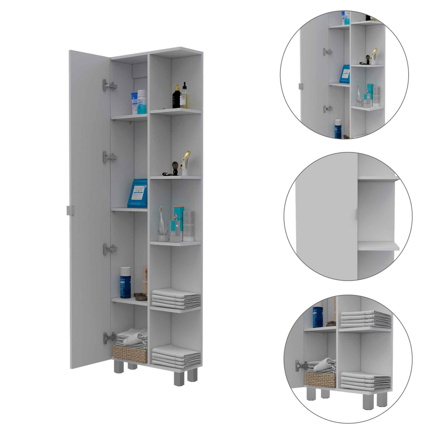 Venus Corner Linen Single Door Cabinet, Five External Shelves, Four Interior Shelves