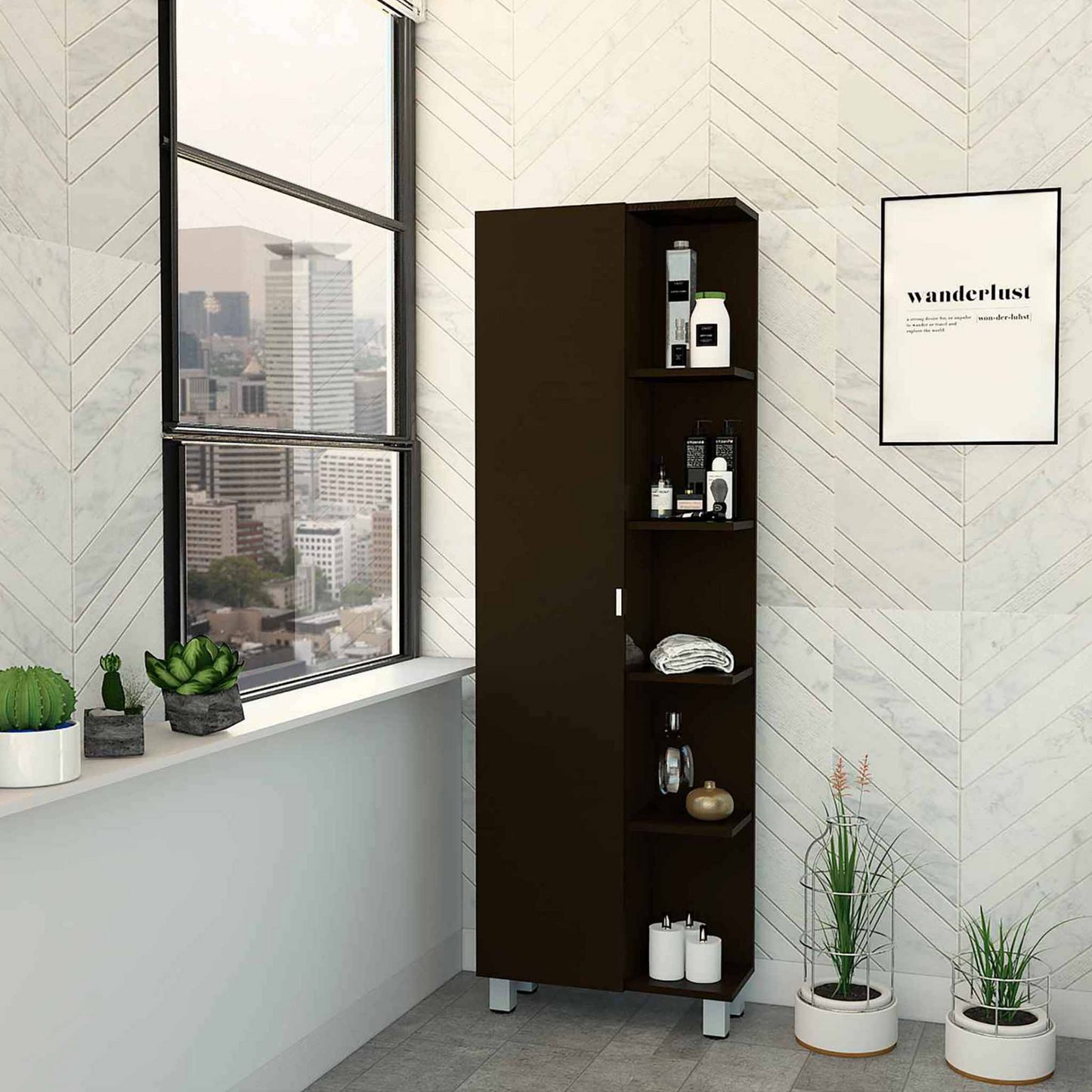 Venus Corner Linen Single Door Cabinet, Five External Shelves, Four Interior Shelves