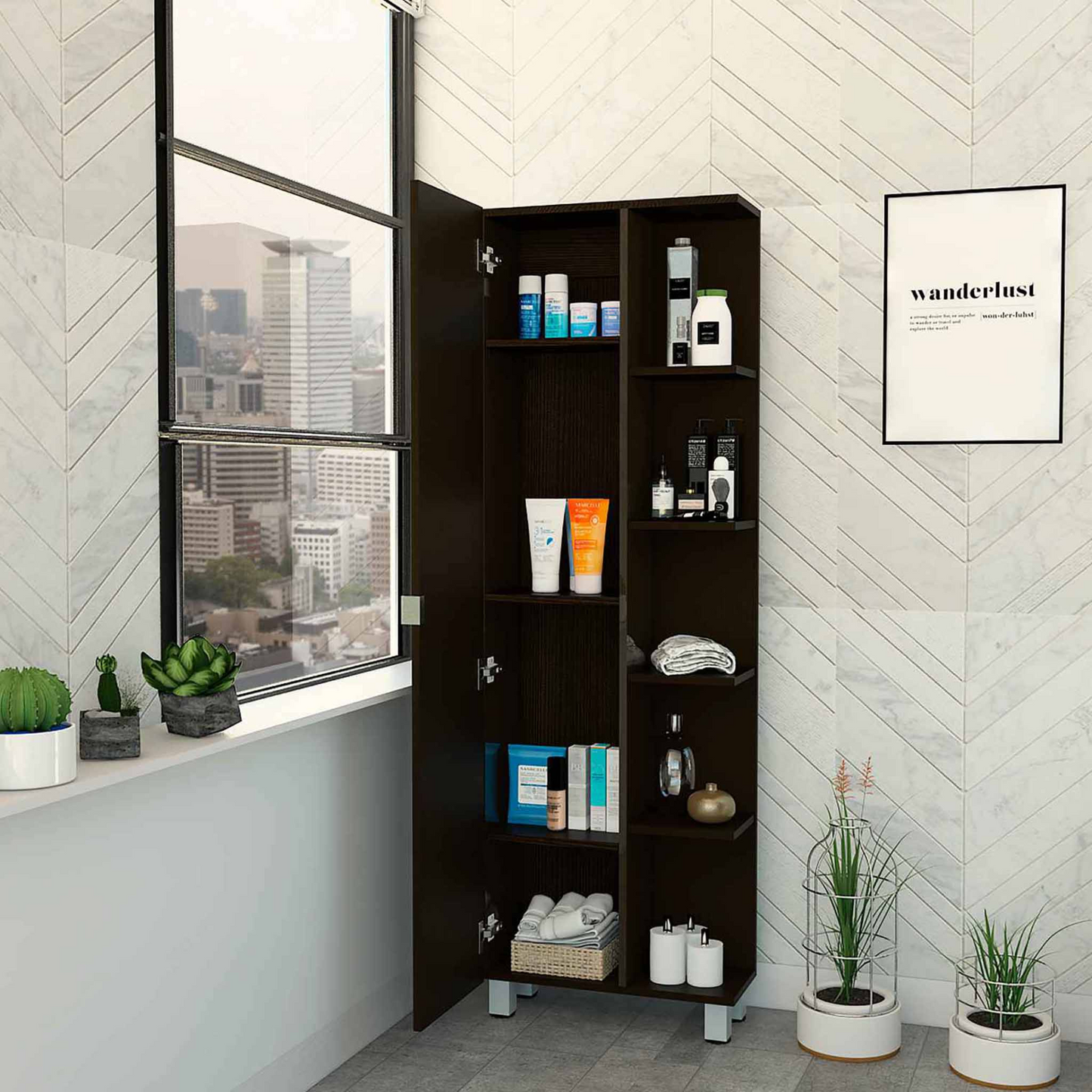 Venus Corner Linen Single Door Cabinet, Five External Shelves, Four Interior Shelves