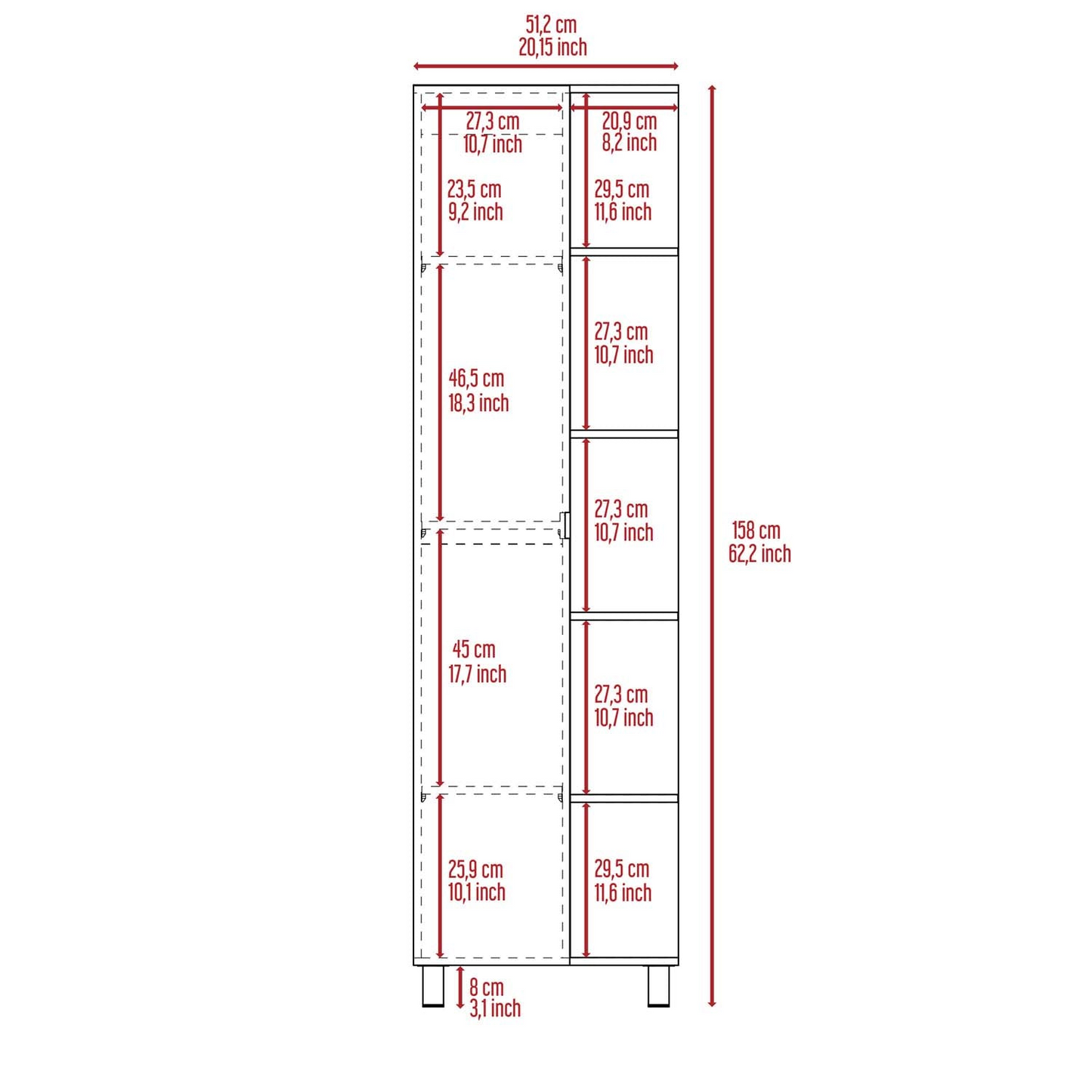 Venus Corner Linen Single Door Cabinet, Five External Shelves, Four Interior Shelves