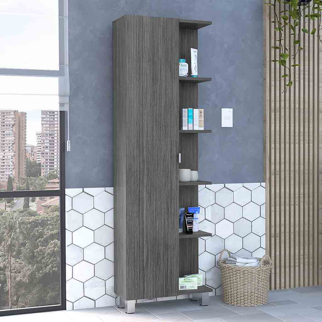 Venus Corner Linen Single Door Cabinet, Five External Shelves, Four Interior Shelves