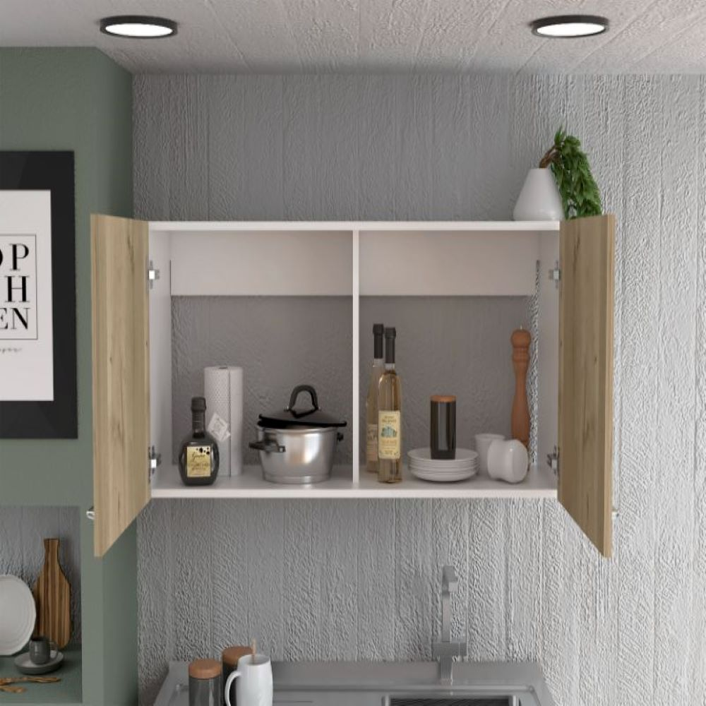 Wall Cabinet Toran, Two Shelves, Double Door, White / Light Oak Finish