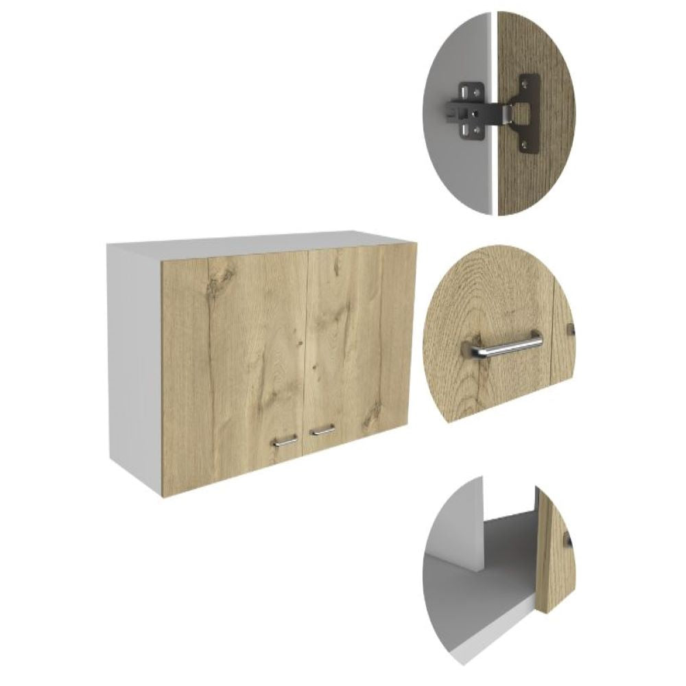 Wall Cabinet Toran, Two Shelves, Double Door, White / Light Oak Finish