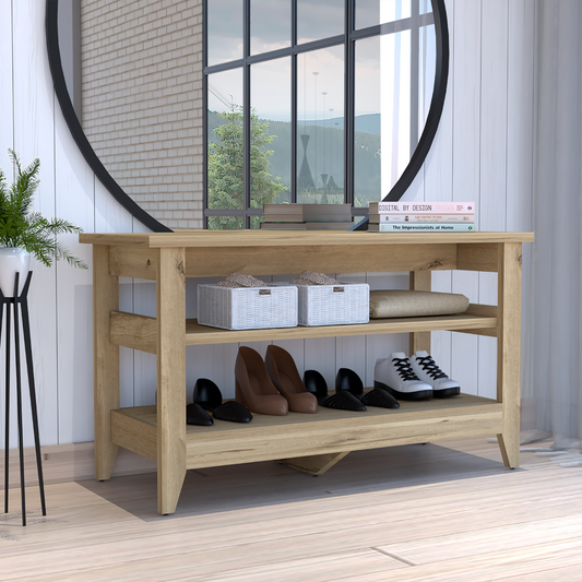 Storage Bench Susho, Upper and Lower Shelf, Light Oak Finish