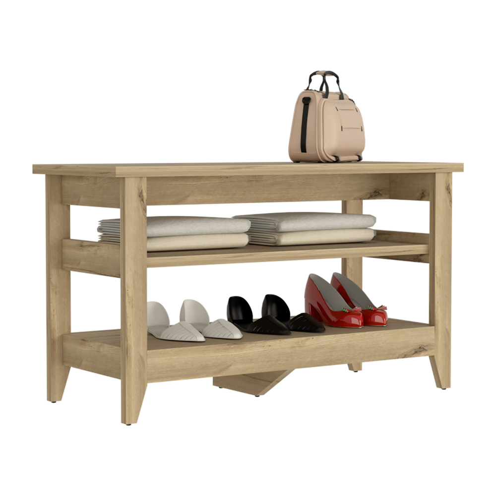Storage Bench Susho, Upper and Lower Shelf, Light Oak Finish