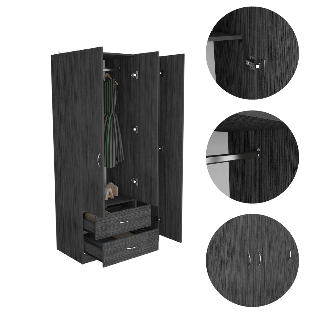 Three Door Armoire Clark, Metal Rod, Smokey Oak / White Finish