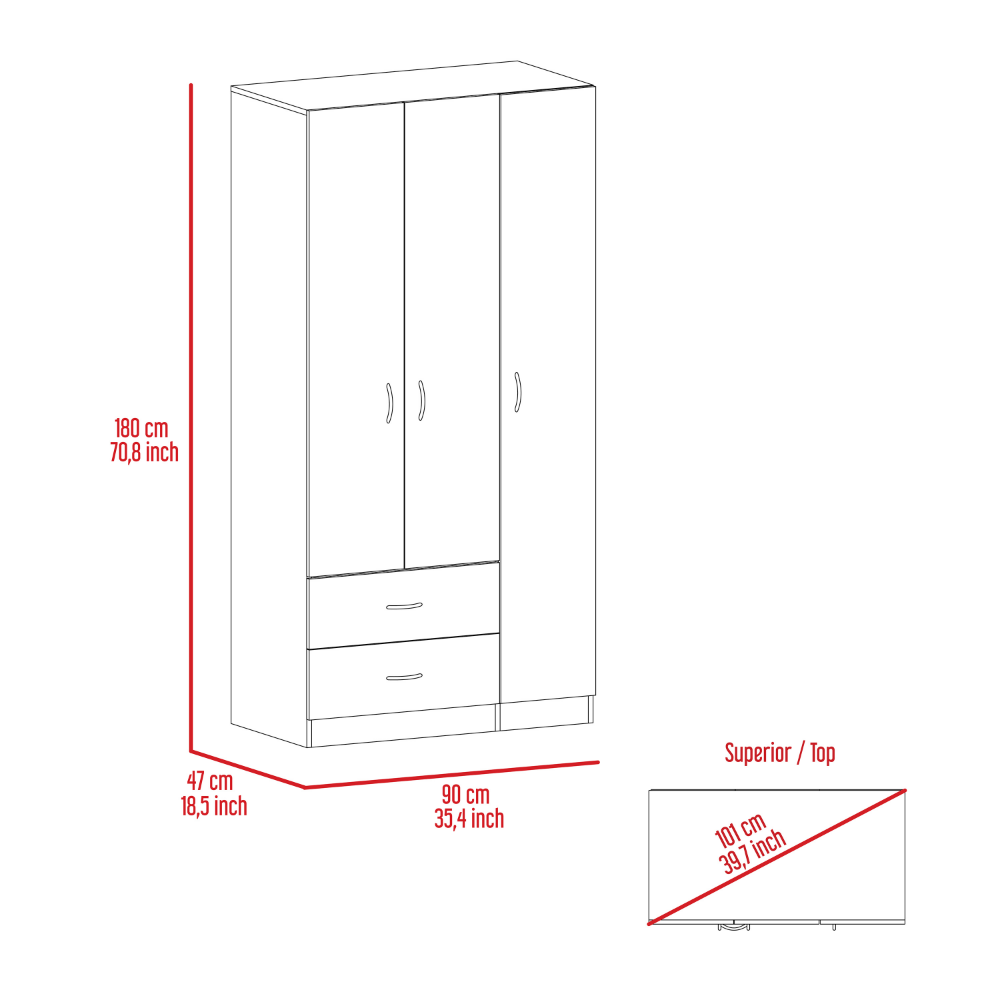Three Door Armoire Clark, Metal Rod, Smokey Oak / White Finish