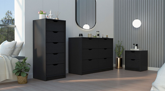 Stockley 3 Piece Bedroom Set, Nightstand + Dresser + Dresser Narrow, Black Wengue Finish