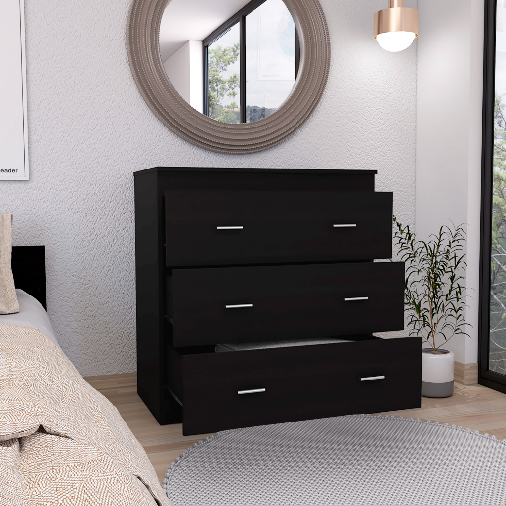 Three Drawer Dresser Litress, Metal Handles, Black Wengue Finish