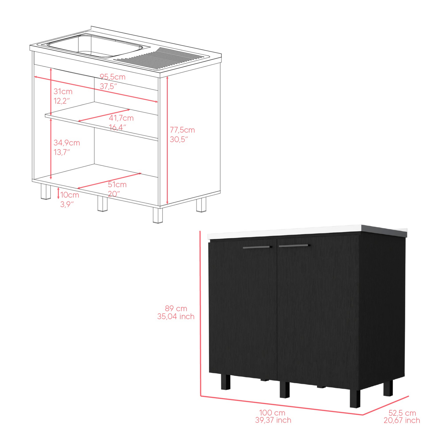 Utility sink cabinet Bussolengo, Two Cabinets, Black Wengue Finish