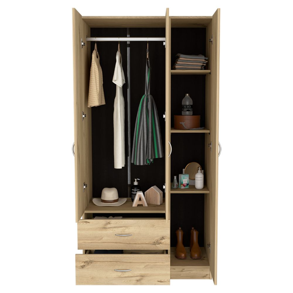 Three Door Armoire Clark, Metal Rod, Light Oak / Black Wengue Finish