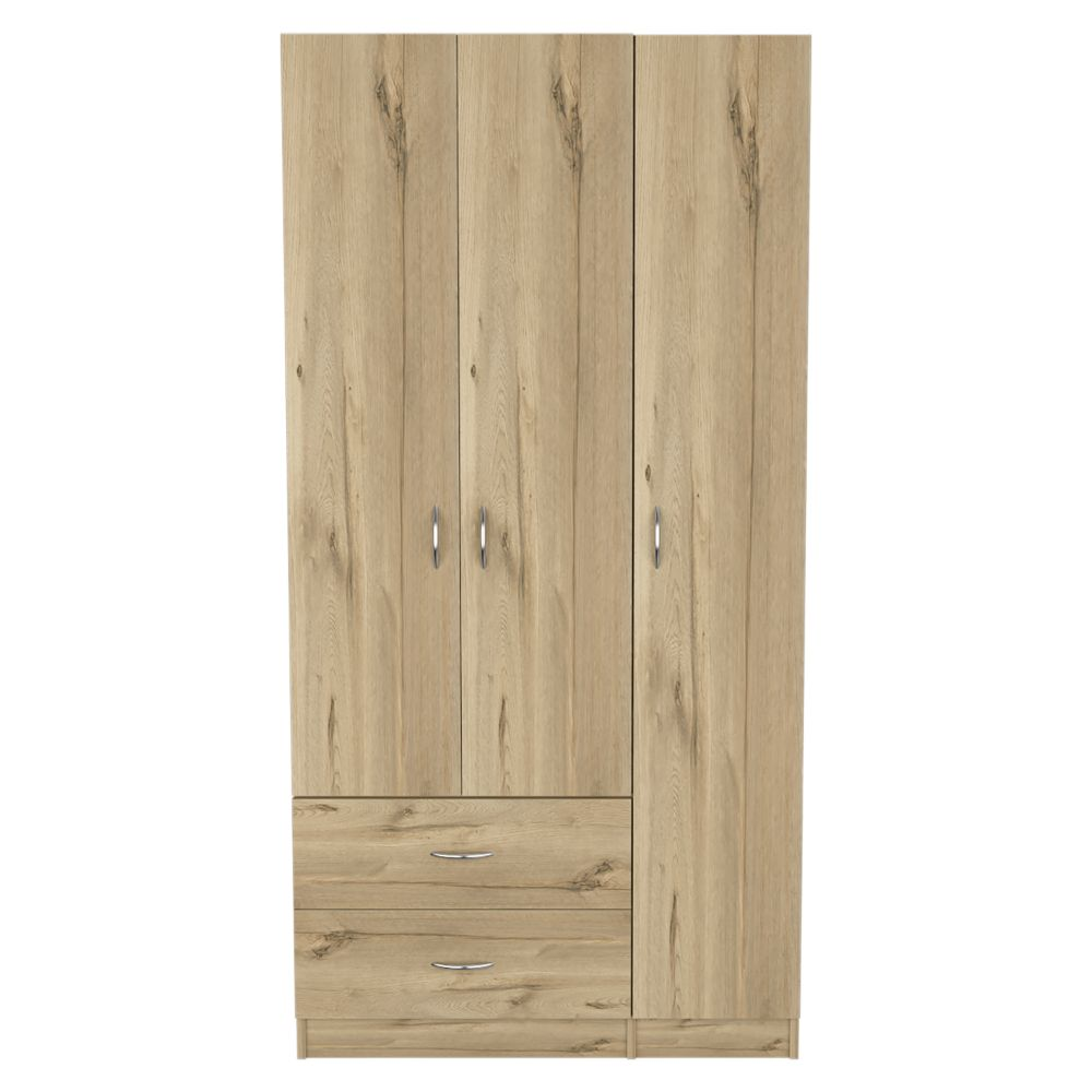 Three Door Armoire Clark, Metal Rod, Light Oak / Black Wengue Finish