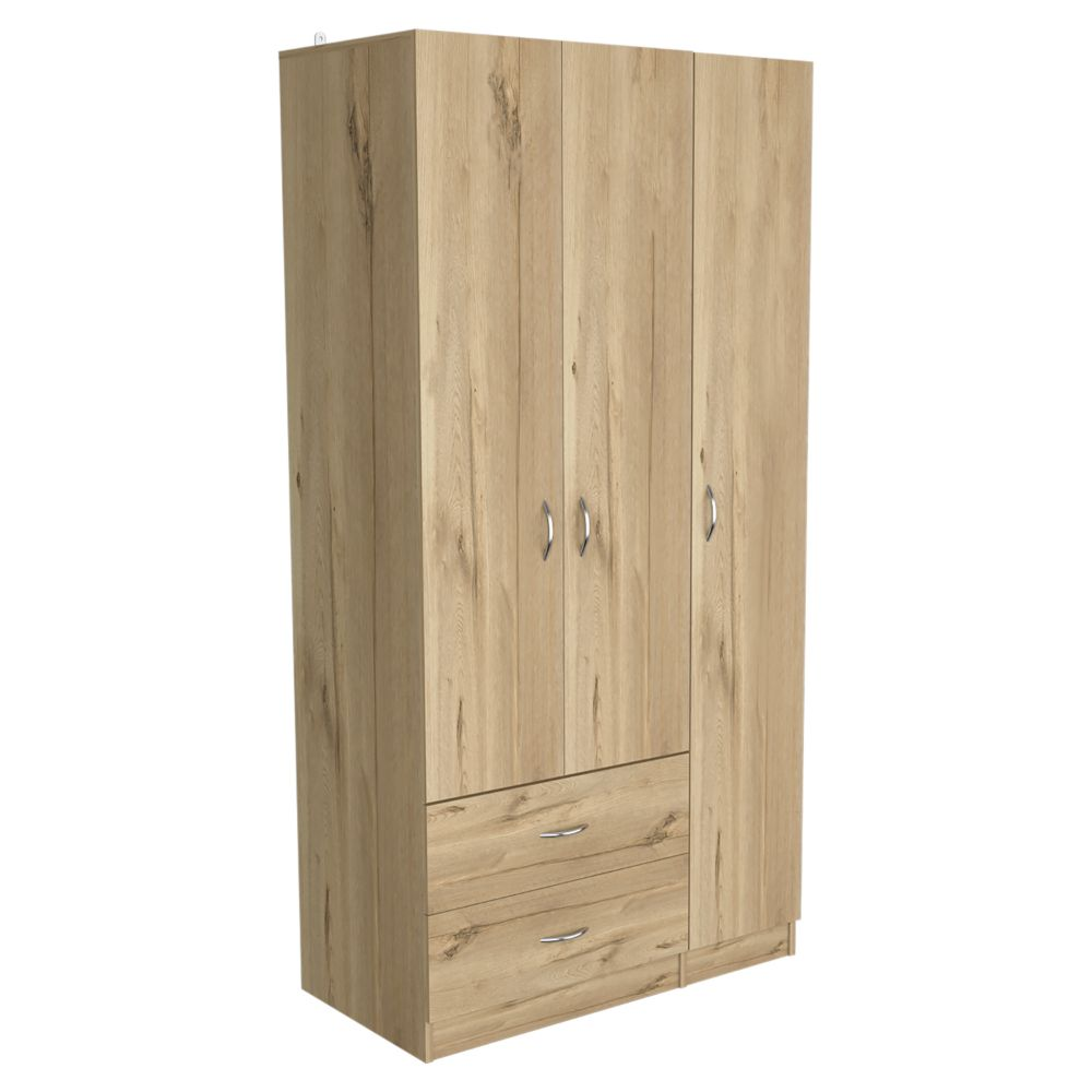 Three Door Armoire Clark, Metal Rod, Light Oak / Black Wengue Finish