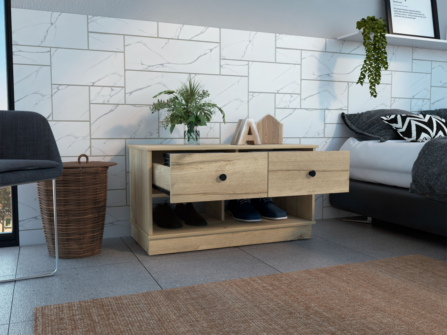Storage Bench Beji, Lower Shelf, Two Drawers, Light Oak Finish