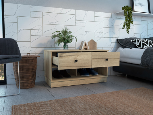 Storage Bench Beji, Lower Shelf, Two Drawers, Light Oak Finish