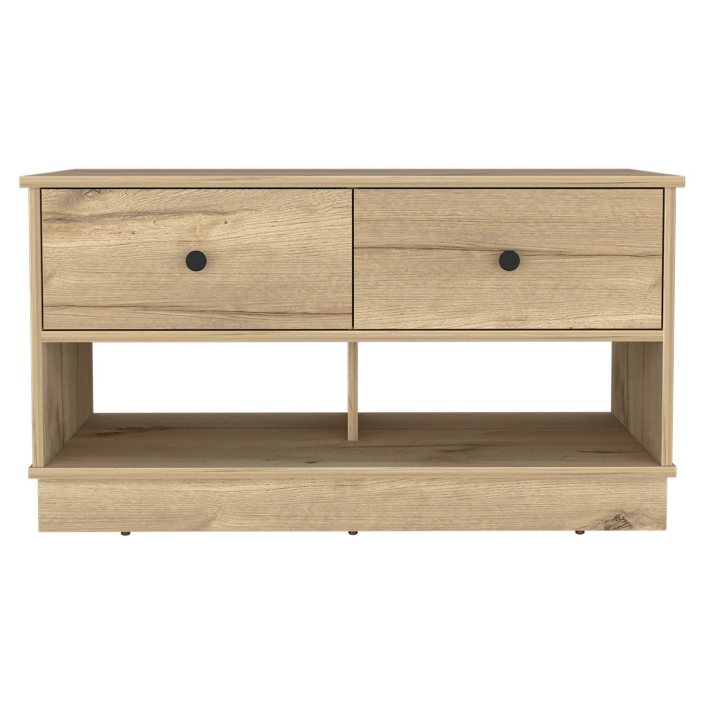 Storage Bench Beji, Lower Shelf, Two Drawers, Light Oak Finish
