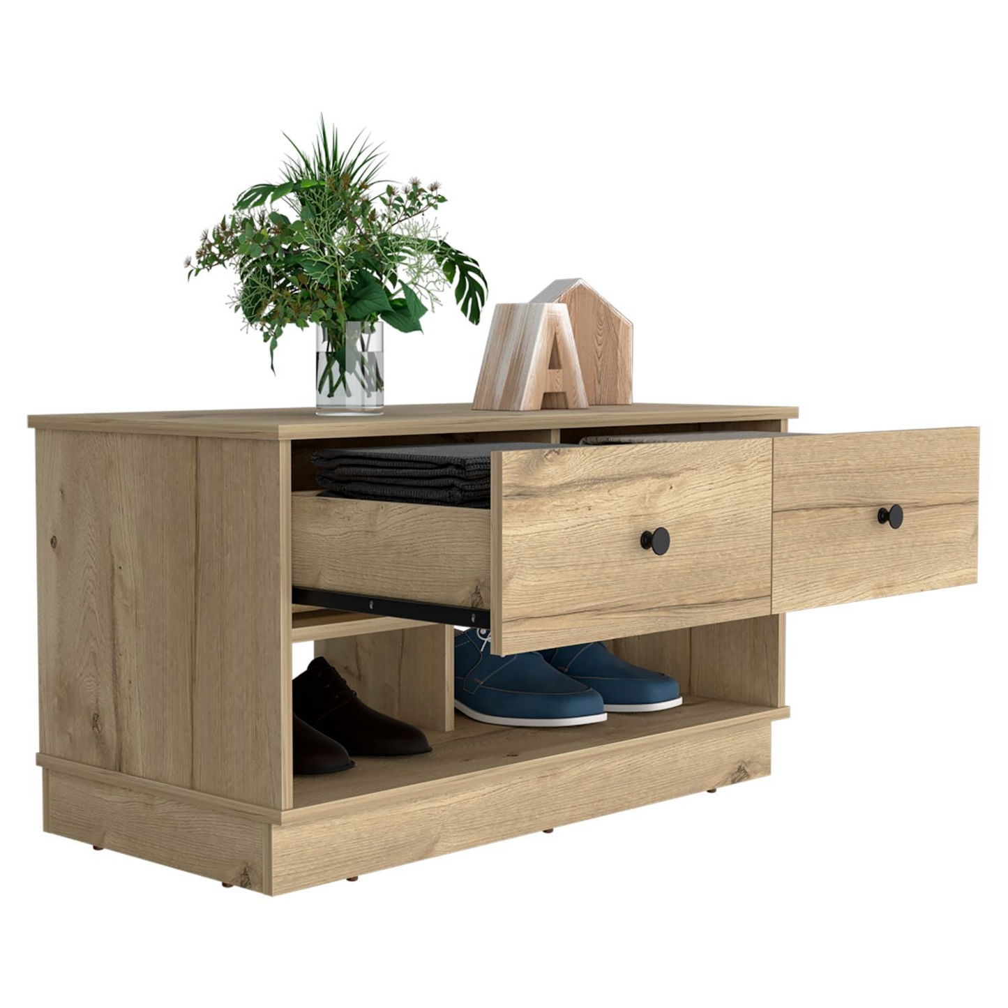 Storage Bench Beji, Lower Shelf, Two Drawers, Light Oak Finish