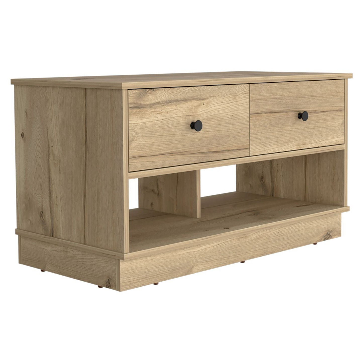 Storage Bench Beji, Lower Shelf, Two Drawers, Light Oak Finish