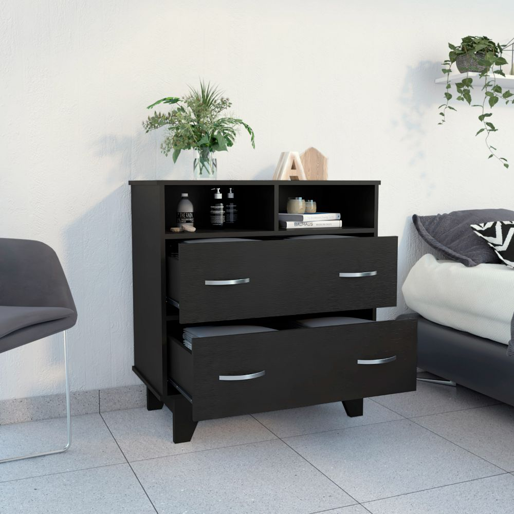 Double Drawer Dresser Arabi, Two Shelves, Black Wengue Finish