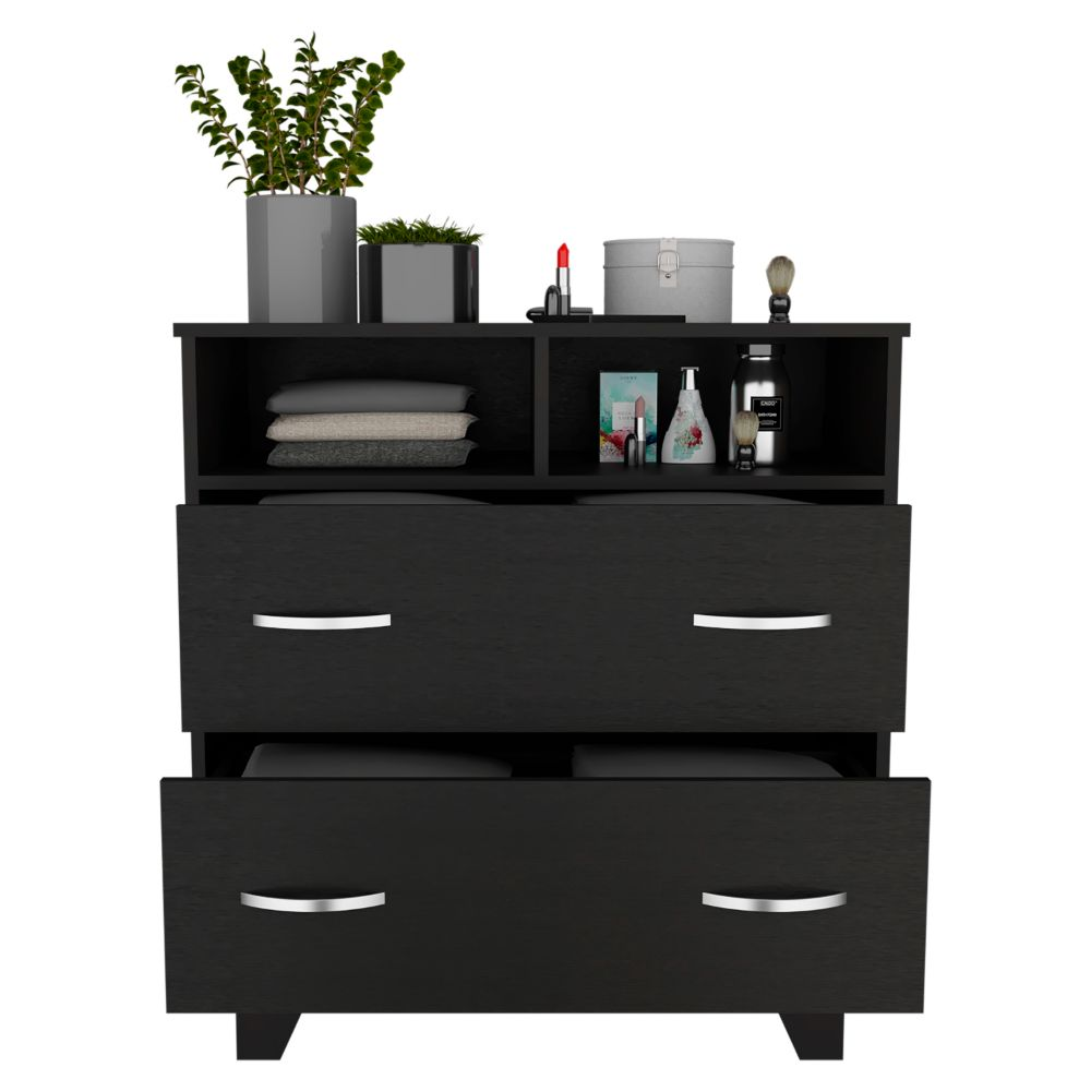 Double Drawer Dresser Arabi, Two Shelves, Black Wengue Finish