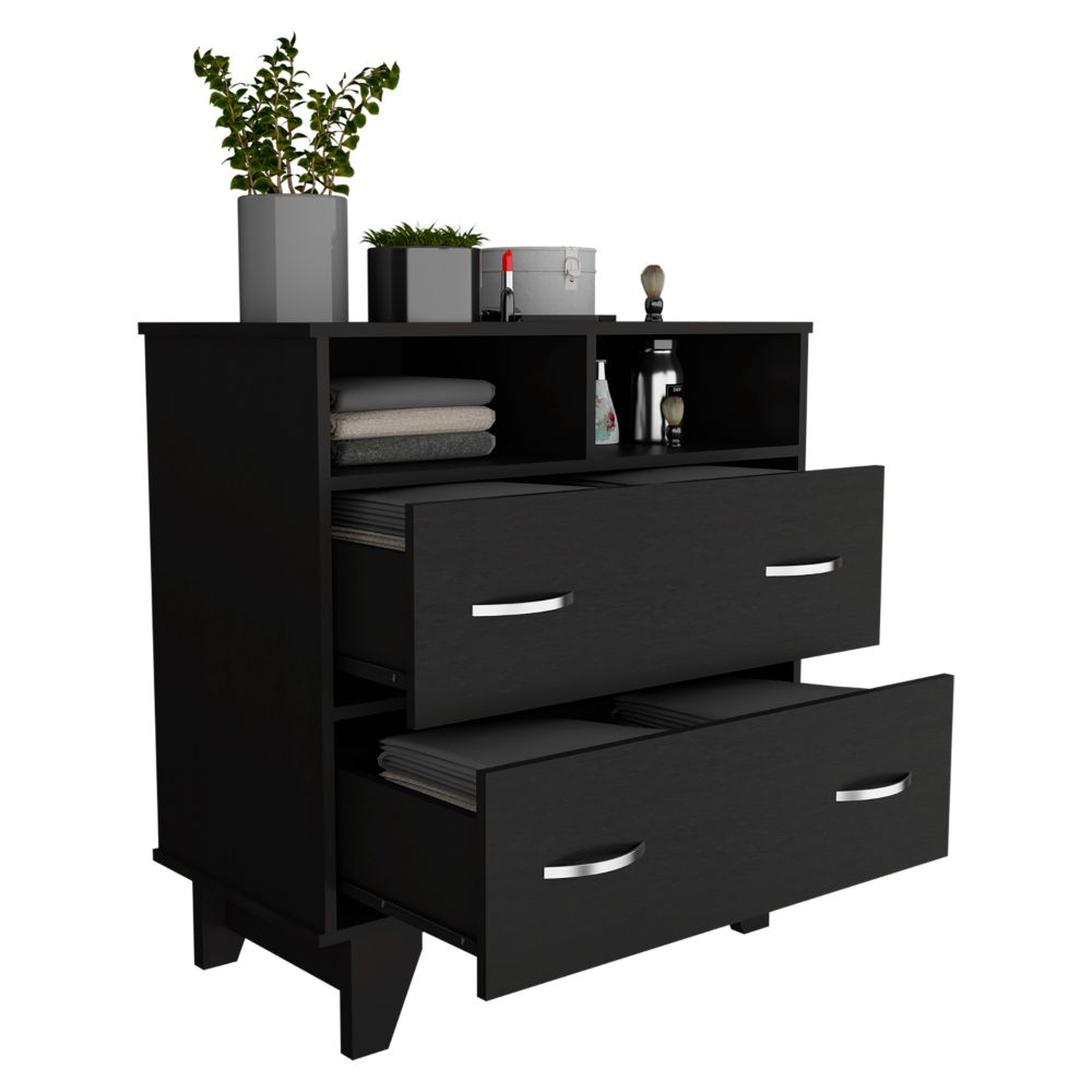 Double Drawer Dresser Arabi, Two Shelves, Black Wengue Finish