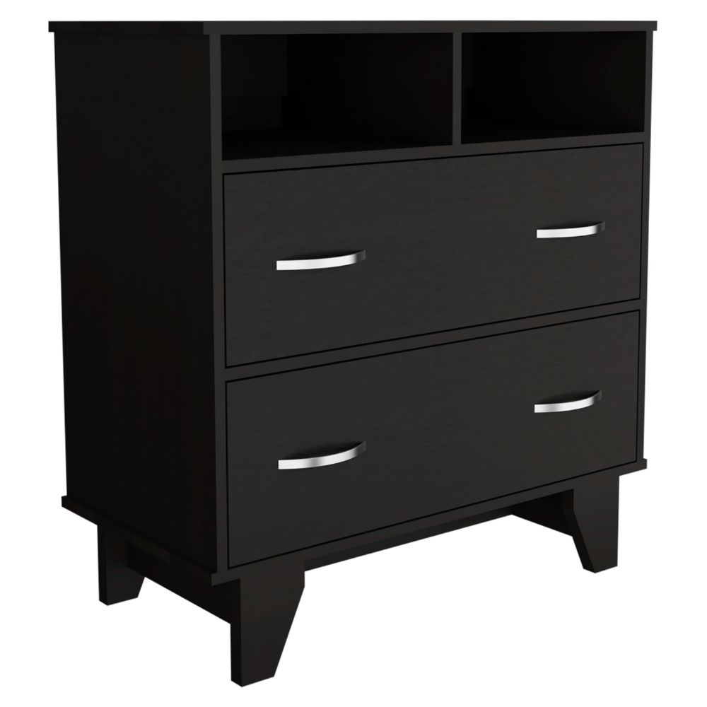 Double Drawer Dresser Arabi, Two Shelves, Black Wengue Finish