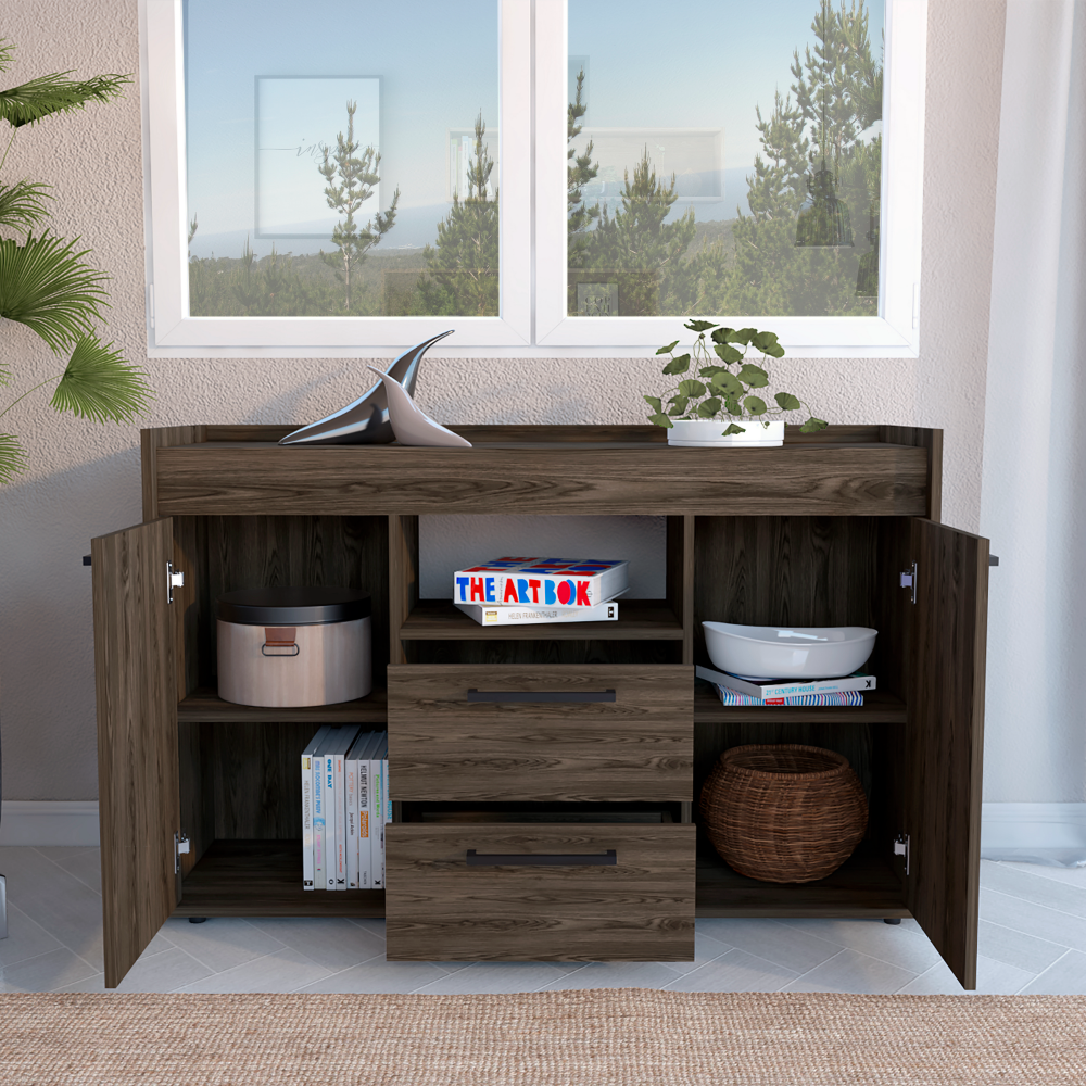 Sideboard Perssiu, Two Drawers, Double Door Cabinets, Dark Walnut Finish