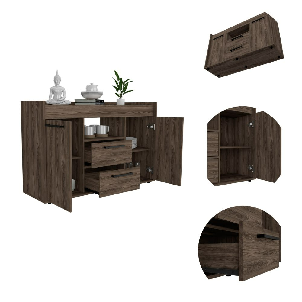 Sideboard Perssiu, Two Drawers, Double Door Cabinets, Dark Walnut Finish