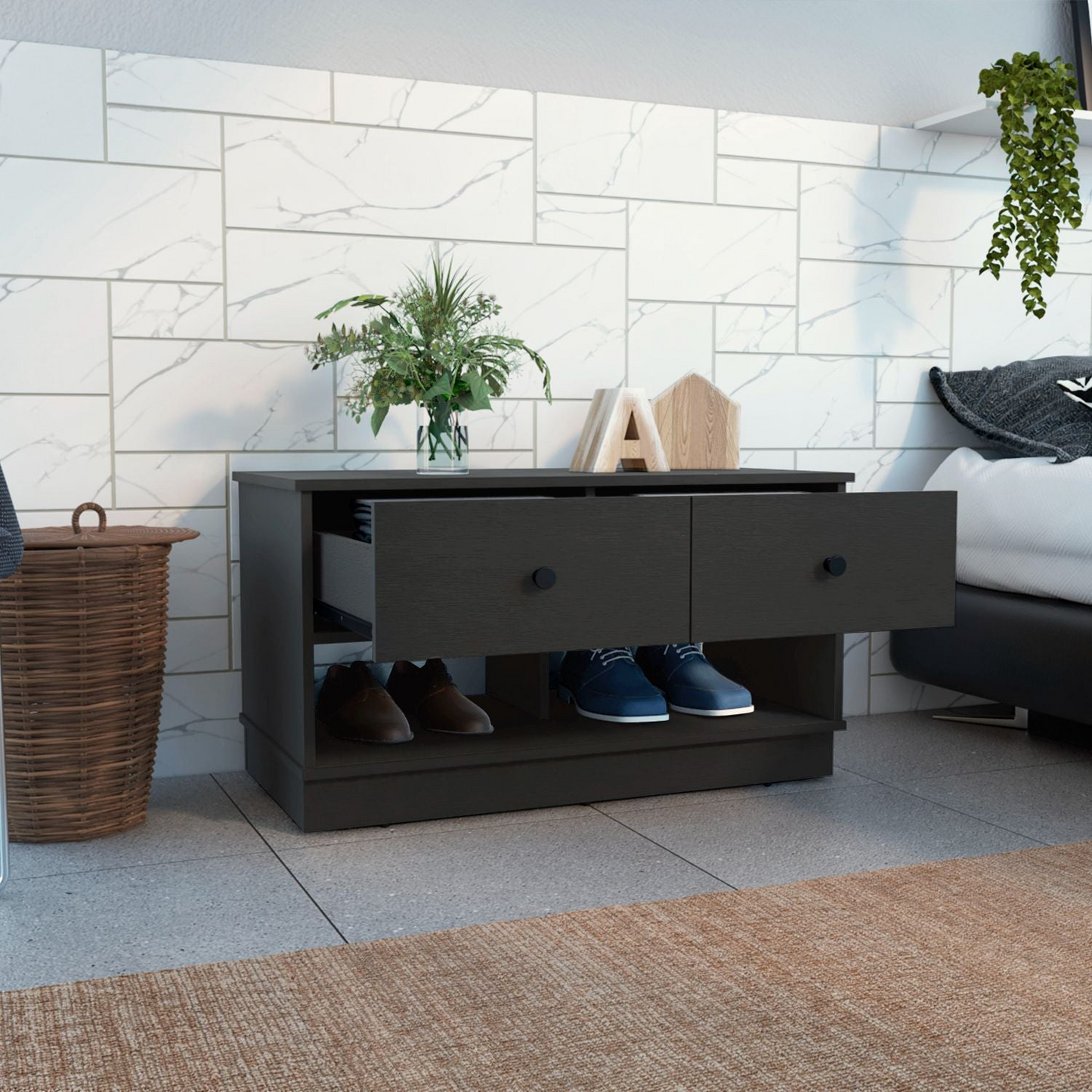 Storage Bench Beji, Lower Shelf, Two Drawers, Black Wengue Finish