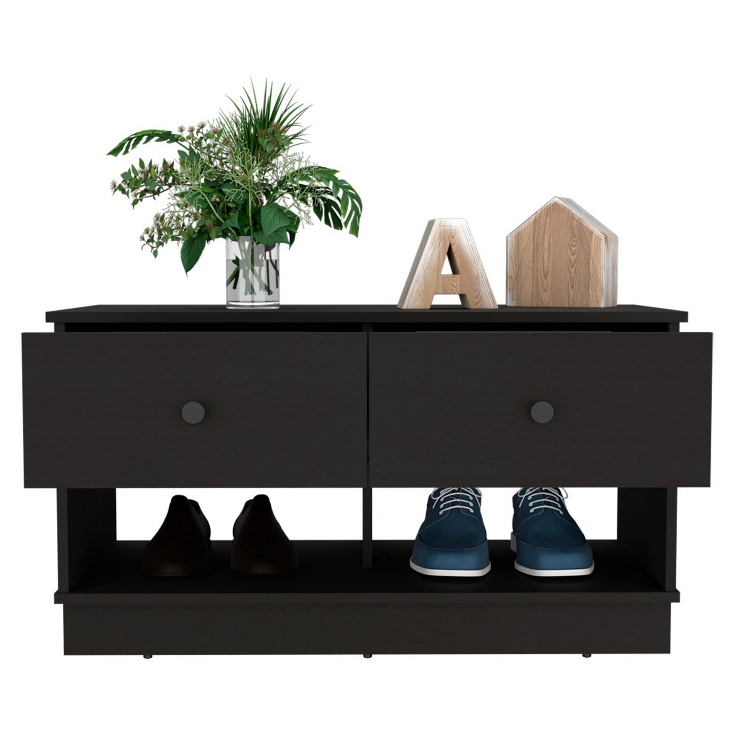 Storage Bench Beji, Lower Shelf, Two Drawers, Black Wengue Finish