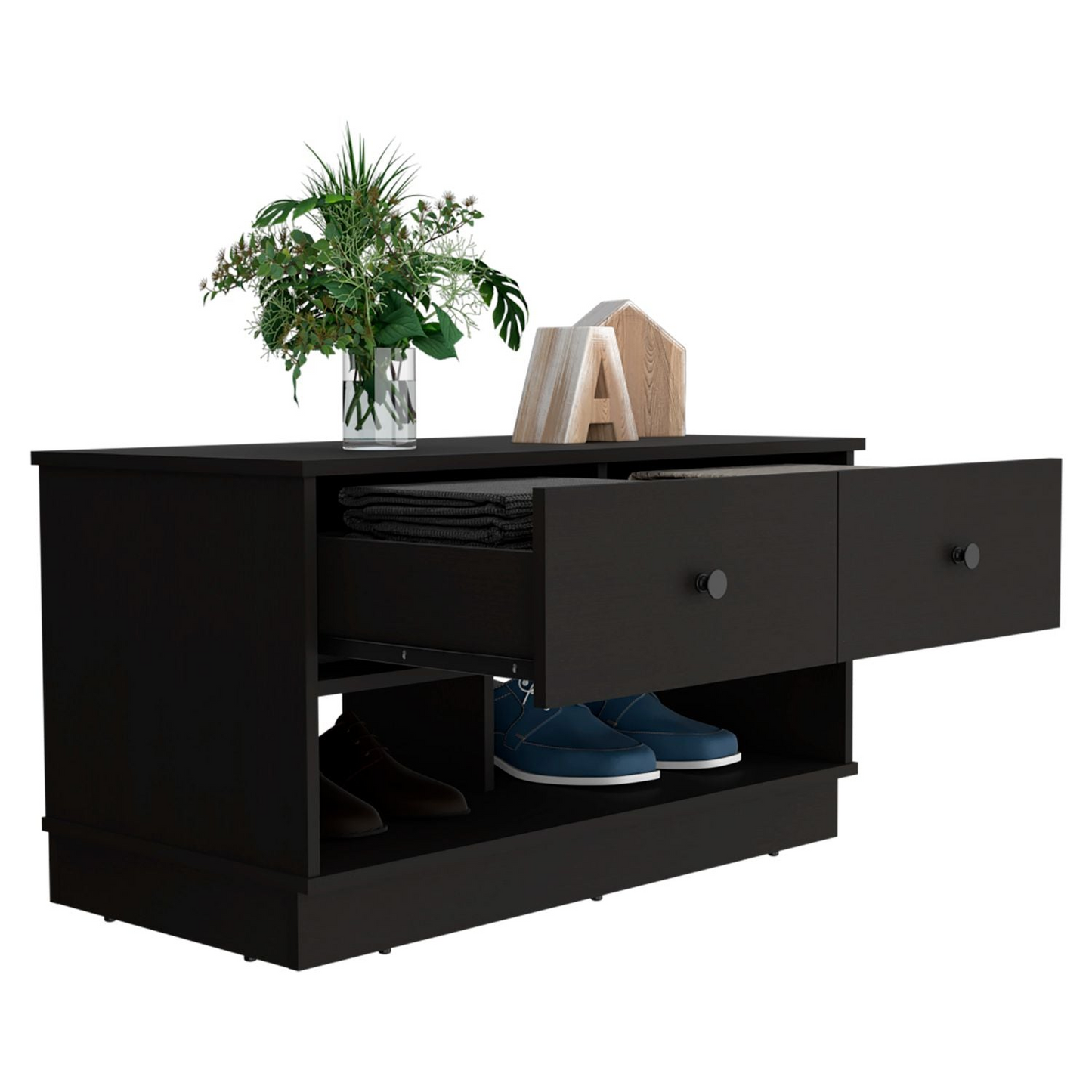 Storage Bench Beji, Lower Shelf, Two Drawers, Black Wengue Finish