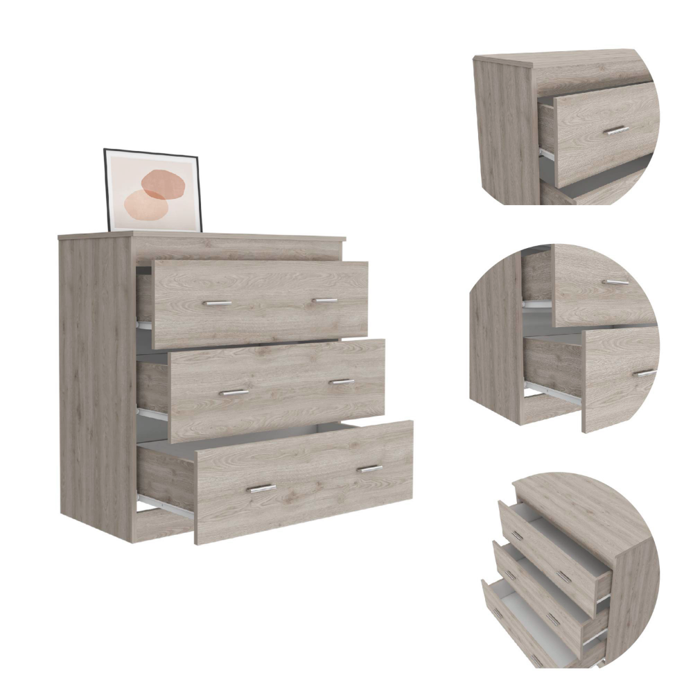 Three Drawer Dresser Whysk, Superior Top, Handles, Light Gray / White Finish