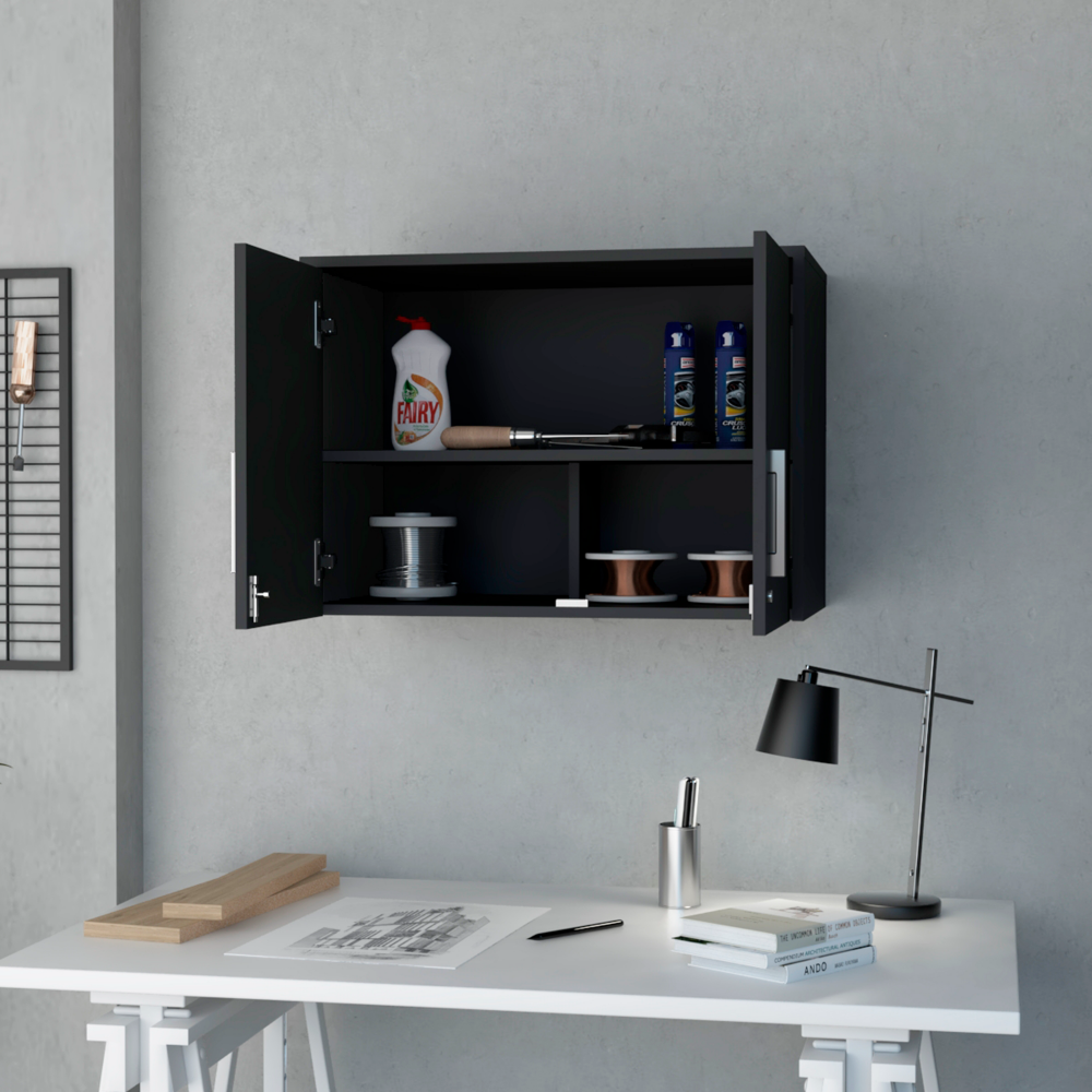 Wall Storage Cabinet Lions, 3 Shelves, Double Door, Black Wengue Finish