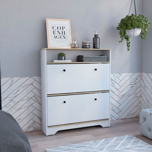 Shoe Rack Dublin, One Open Shelf, Two Extendable Cabinets, Light Oak / White Finish