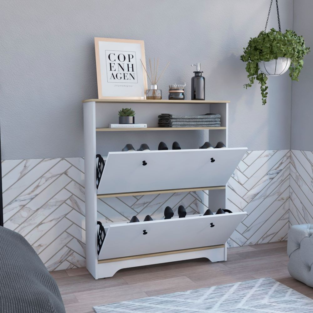 Shoe Rack Dublin, One Open Shelf, Two Extendable Cabinets, Light Oak / White Finish