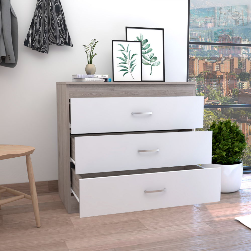 Three Drawer Dresser Lial, Superior Top, Metal Hardware, Light Gray / White Finish