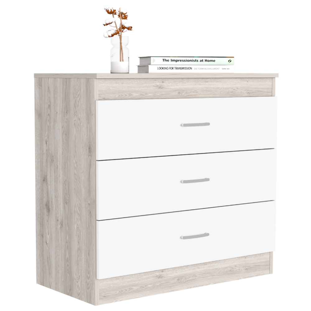 Three Drawer Dresser Lial, Superior Top, Metal Hardware, Light Gray / White Finish