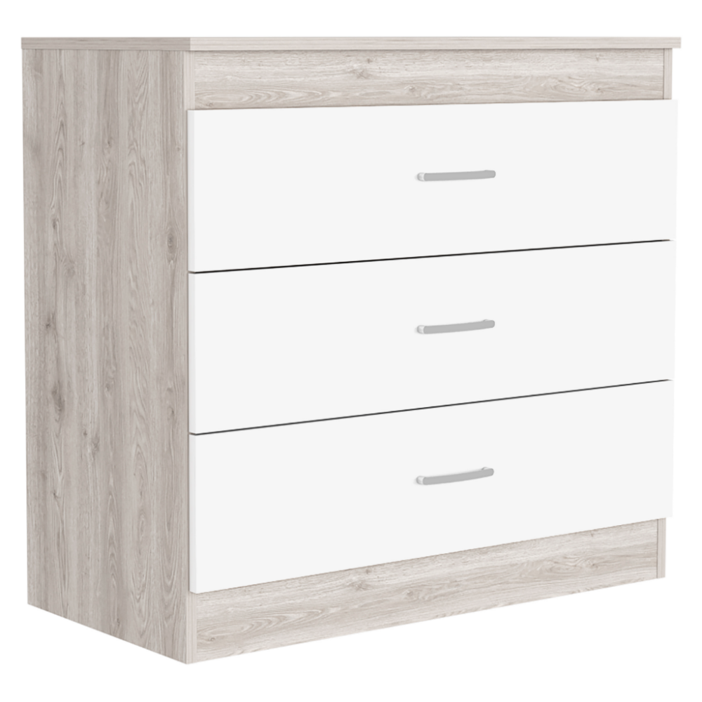 Three Drawer Dresser Lial, Superior Top, Metal Hardware, Light Gray / White Finish