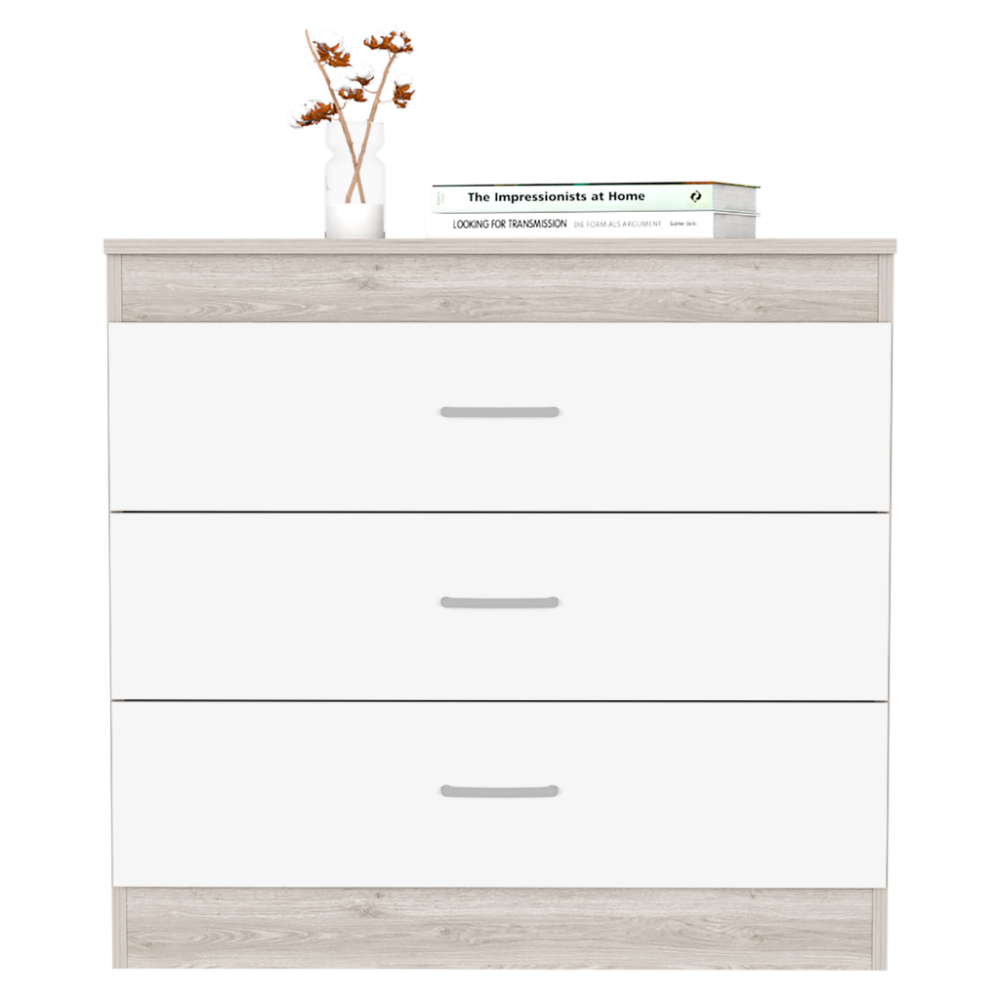 Three Drawer Dresser Lial, Superior Top, Metal Hardware, Light Gray / White Finish