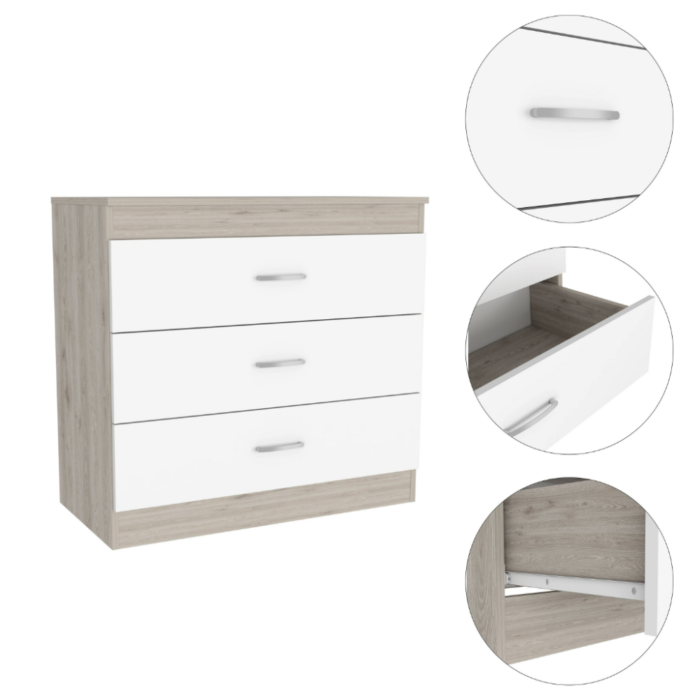 Three Drawer Dresser Lial, Superior Top, Metal Hardware, Light Gray / White Finish