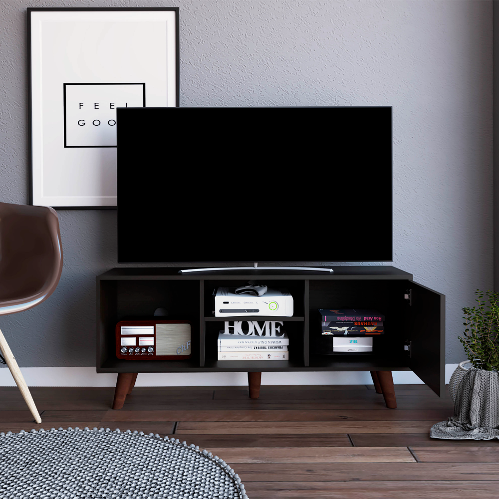 Tv Stand for TV´s up 57" Moon, Three Shelves, Single Door Cabinet, Black Wengue Finish