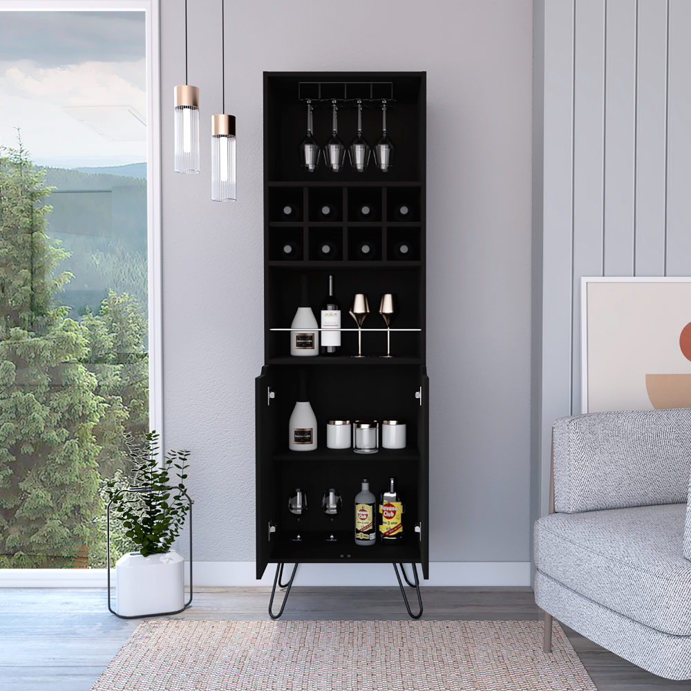 H Bar Cabinet Silhill, Eight Wine Cubbies, Two Cabinets With Single Door, Black Wengue Finish